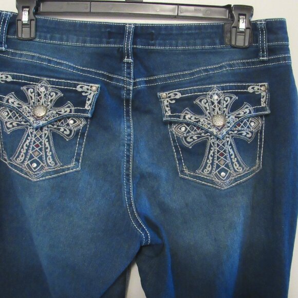 Love Indigo Western Bootcut Jeans Womens14 Blue Embroidered Button Flap Pockets - Picture 4 of 11